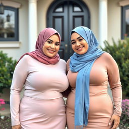 Two beautiful women in their mid-thirties wearing hijabs, with stunningly large and attractive breasts, size 36