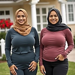 Two beautiful women in their mid-thirties wearing hijabs, with stunningly large and attractive breasts, size 36