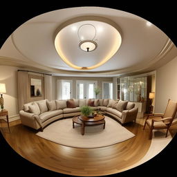 Generate a detailed 360-degree view of a beautifully furnished and decorated home interior.