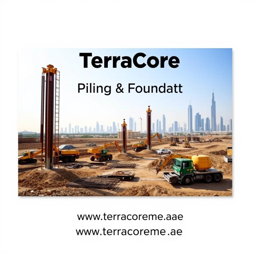 A high-quality cover image for an A4-sized brochure, featuring a recent construction project showcasing piling works at a site in Dubai