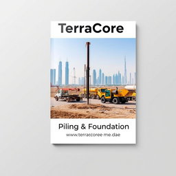 A high-quality cover image for an A4-sized brochure, featuring a recent construction project showcasing piling works at a site in Dubai