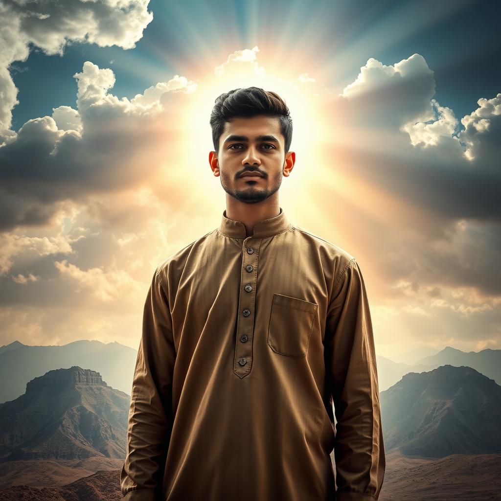 In a powerful moment of self-reflection, Qafsa stands with a serious yet passionate expression against a backdrop that juxtaposes his spiritual upbringing with his ambitious dreams