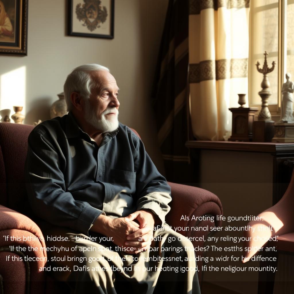 In a serene and contemplative moment, Qafsa sits with his grandfather, an elderly man exuding wisdom and kindness, in a sunlit corner of the family home