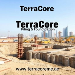 A high-quality cover image for an A4-sized brochure, featuring a recent construction site showcasing shoring works at a project in Dubai