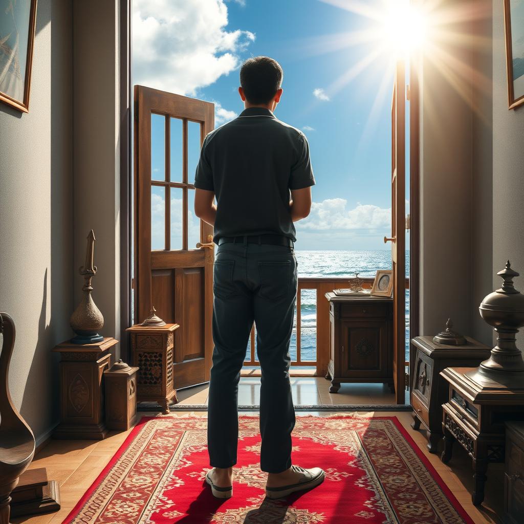 In a moment of determination and newfound courage, Qafsa stands at the threshold of his home, looking out towards the horizon where the ocean meets the sky, symbolizing his ambition to join the Indonesian Navy Academy