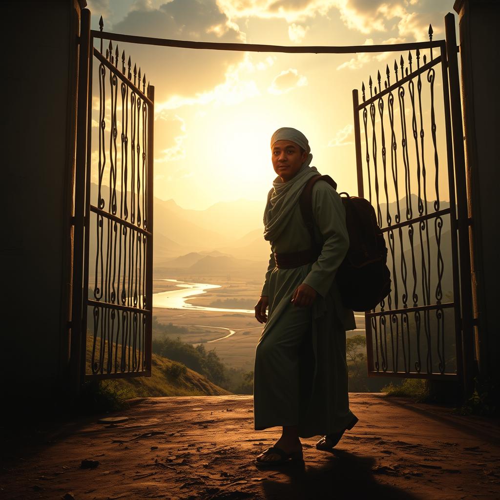 In a striking scene of determination, Qafsa emerges from the gates of his pesantren, a traditional Islamic boarding school that has shaped his character and values