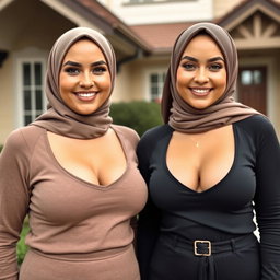 Two beautiful women in their mid-thirties wearing hijabs, with stunningly large and attractive breasts, size 36