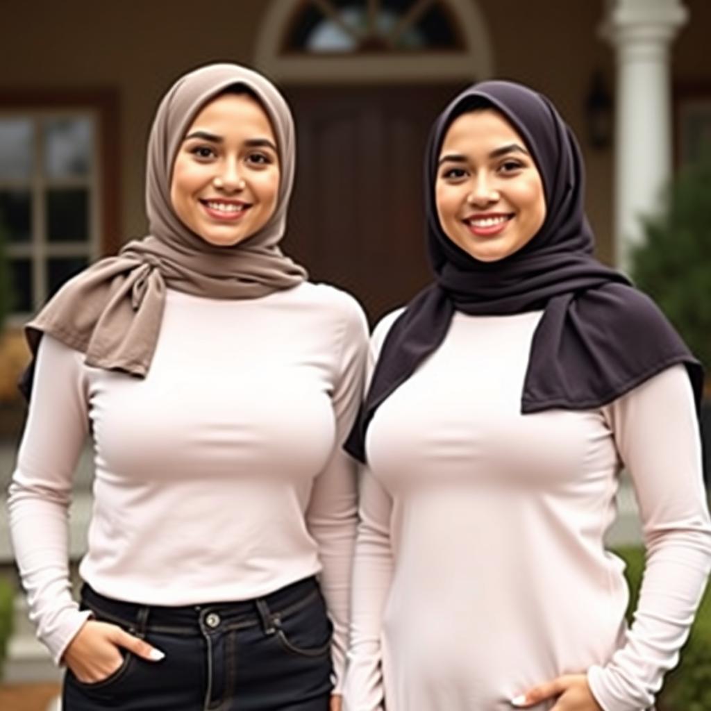 Two beautiful women in their mid-thirties wearing hijabs, with stunningly large and attractive breasts, size 36