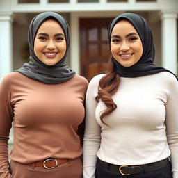 Two beautiful women in their mid-thirties wearing hijabs, with stunningly large and attractive breasts, size 36