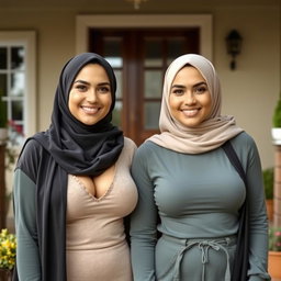 Two beautiful women in their mid-thirties wearing hijabs, with stunningly large and attractive breasts, size 36