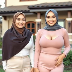 Two beautiful women in their mid-thirties wearing hijabs, showcasing large and attractive breasts, size 36