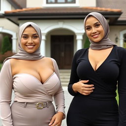 Two beautiful women in their mid-thirties wearing hijabs, showcasing large and attractive breasts, size 36