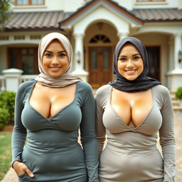 Two beautiful women in their mid-thirties wearing hijabs, showcasing large and attractive breasts, size 36