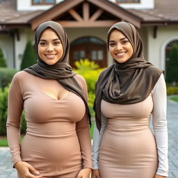 Two beautiful women in their mid-thirties wearing hijabs, showcasing large and attractive breasts, size 36