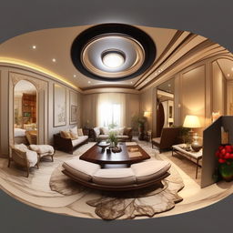 Generate a detailed 360-degree view of a beautifully furnished and decorated home interior.