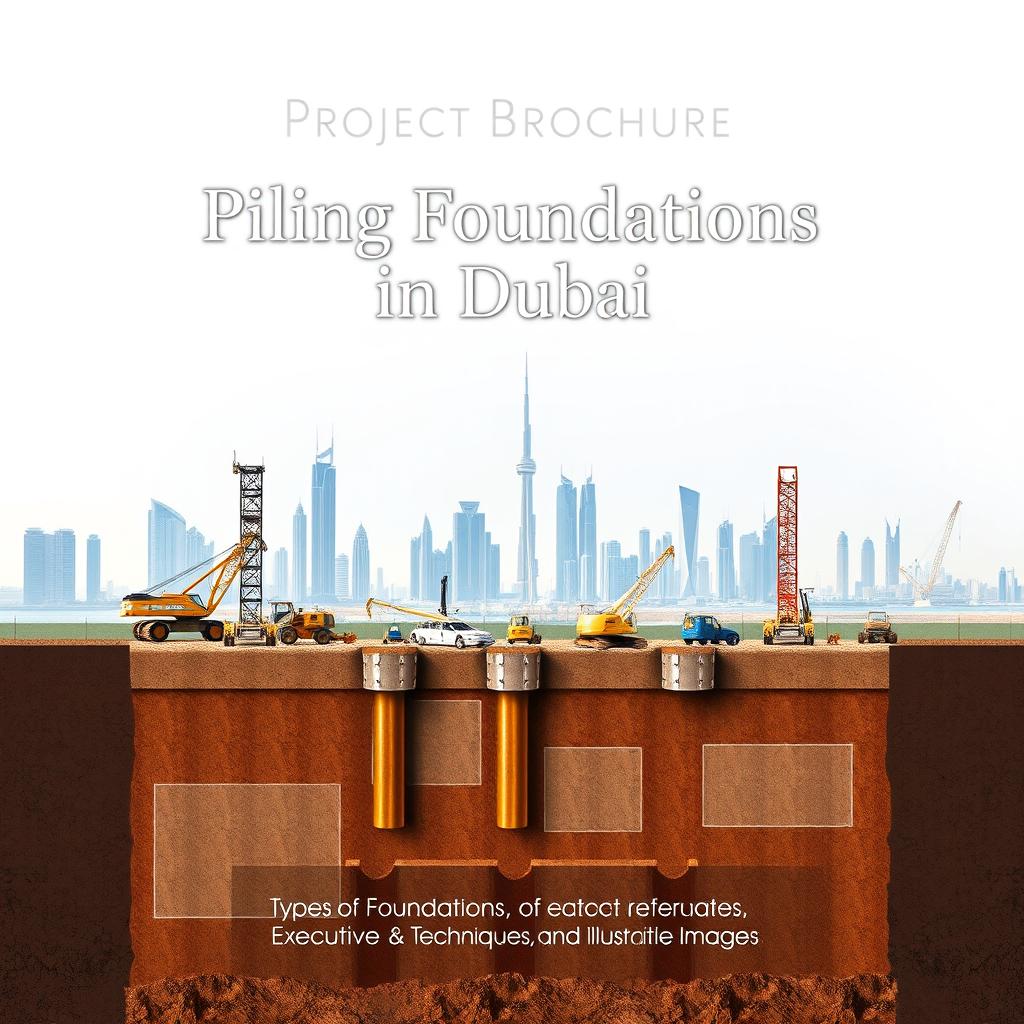 A high-quality front cover image for a project brochure focused on Piling foundations in Dubai