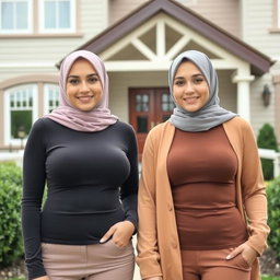 Two beautiful women in their mid-thirties wearing hijabs, featuring large and attractive breasts, size 36