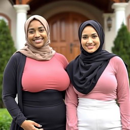 Two beautiful women in their mid-thirties wearing hijabs, featuring large and attractive breasts, size 36
