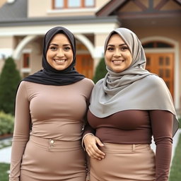 Two beautiful women in their mid-thirties wearing hijabs, featuring large and attractive breasts, size 36