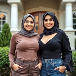 Two beautiful women in their mid-thirties wearing hijabs, featuring large and attractive breasts, size 36