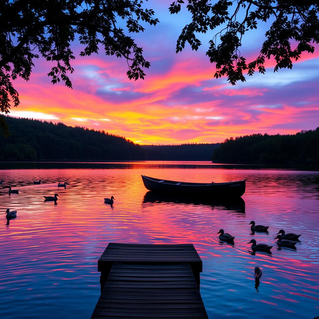 A picturesque sunset view over a tranquil lake surrounded by lush forests