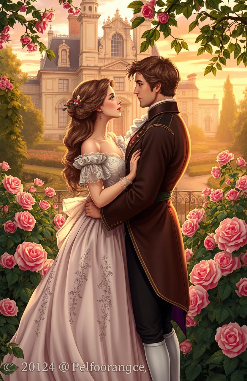 A beautifully illustrated historical romance scene set in the late 18th century, depicting a romantic moment between a dashing nobleman and a spirited noblewoman in an opulent garden filled with blooming roses and lush greenery