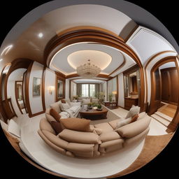 Generate a detailed 360-degree view of a beautifully furnished and decorated home interior.