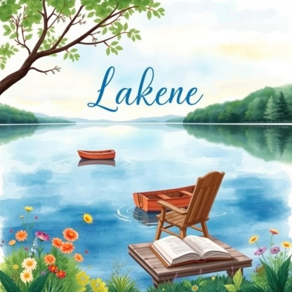 A serene lakeside scene depicted in a watercolor painting for a book cover, featuring a calm blue lake reflecting the sky, surrounded by lush green trees and colorful wildflowers