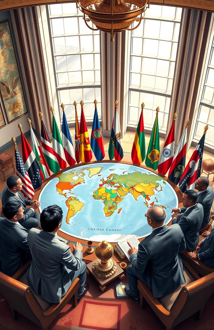 A detailed, artistic representation of international relations, showcasing diverse diplomats engaged in a discussion around a world map