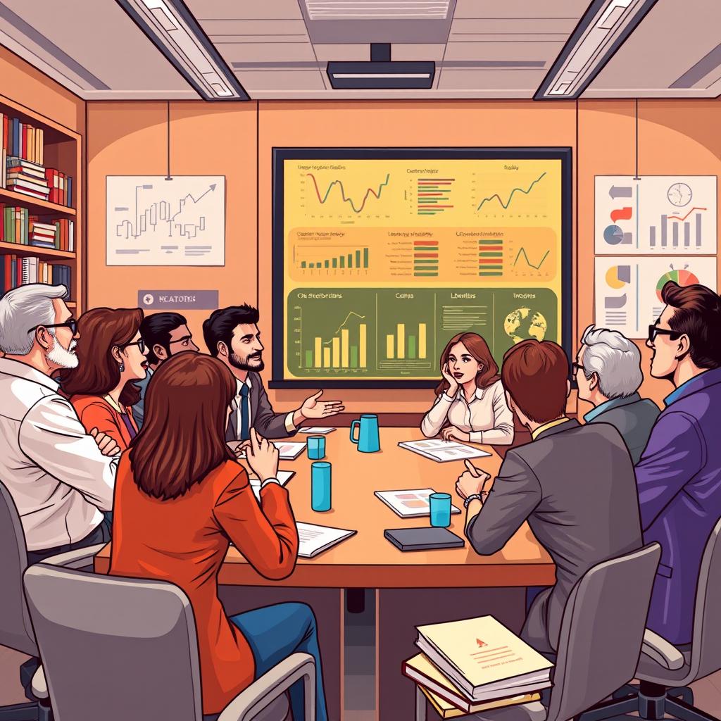 An educational and conceptual illustration of international relations theory, featuring a diverse group of scholars passionately discussing key theories such as realism, liberalism, and constructivism