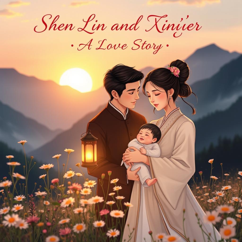 A romantic and heartfelt scene depicting the love story of Shen Lin and Xing'er, set against a picturesque mountain backdrop