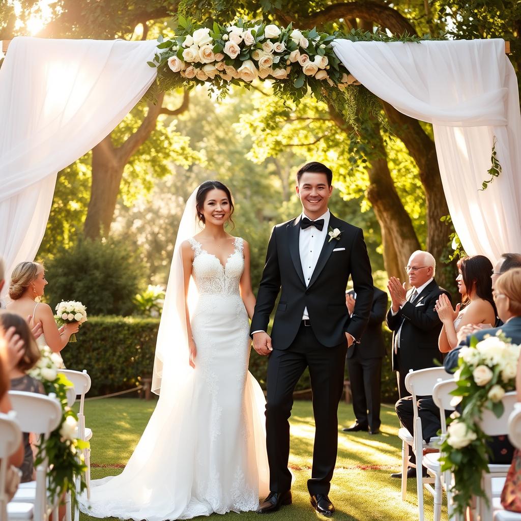 A beautiful outdoor wedding scene featuring a happy couple standing under a floral arch, surrounded by lush greenery and soft white draping