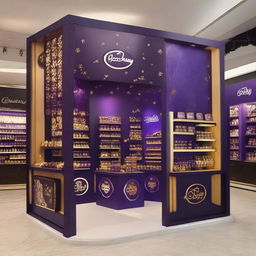 A 240x160x150 cm Cadbury stand fusing smart design with Ramadan allure. It features Islamic-inspired shapes, glass panels, and soft lighting embracing shelves adorned with Ramadan lanterns, signifying a tantalizing blend of innovation and chocolate indulgence.