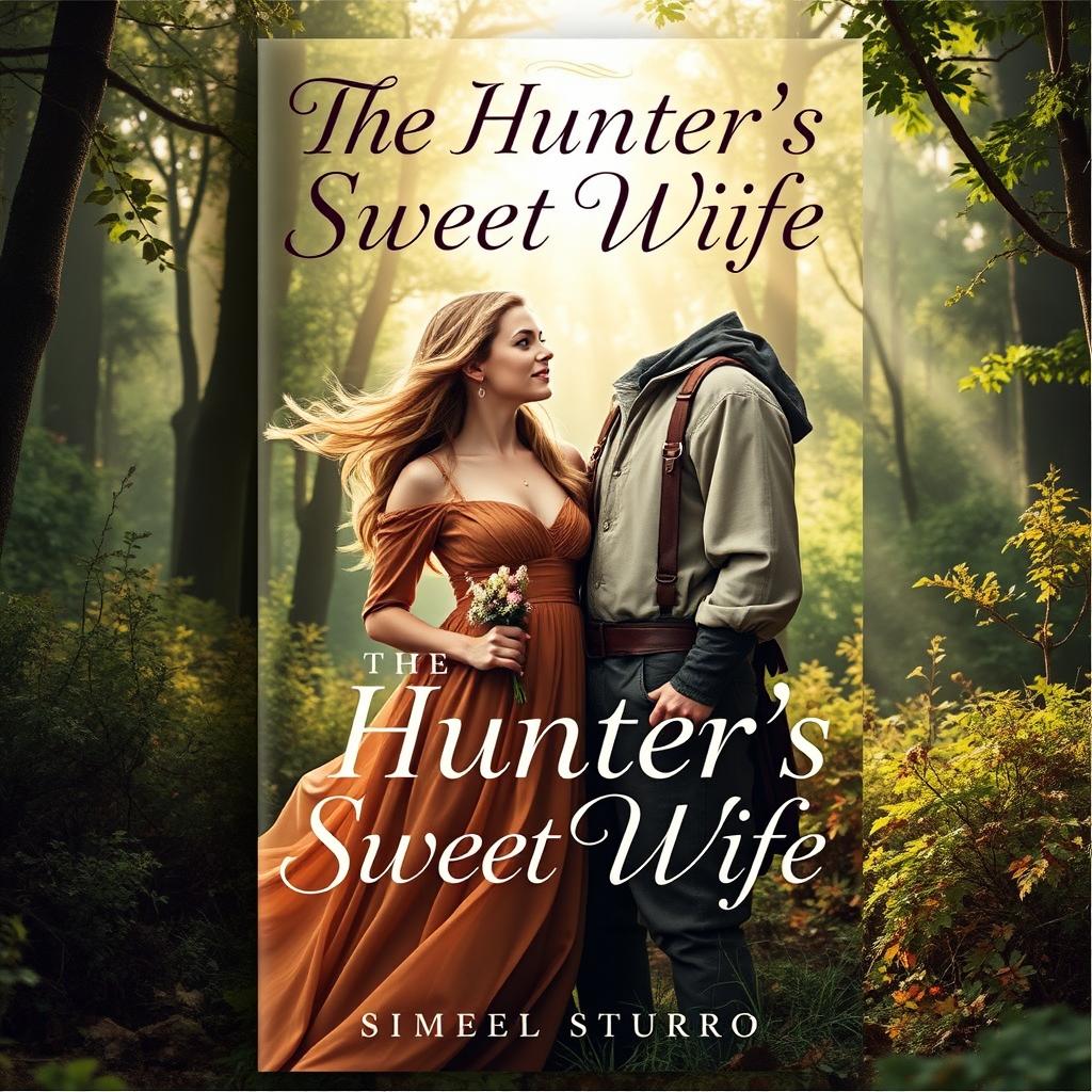 An enchanting and romantic book cover for 'The Hunter's Sweet Wife', featuring a beautiful and serene forest backdrop