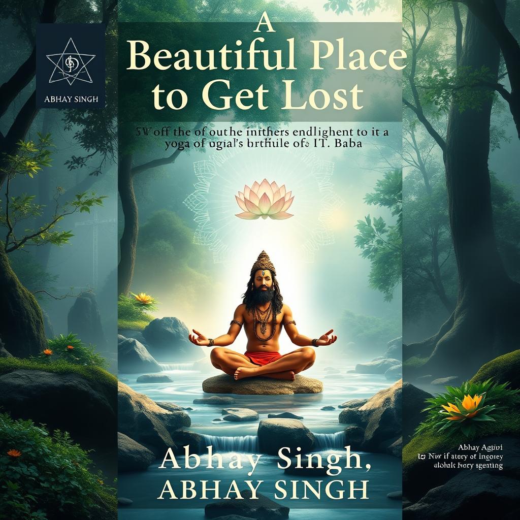 A captivating book cover for "A Beautiful Place to Get Lost" by Abhay Singh (IIT Baba), featuring a serene depiction of yoga and spirituality