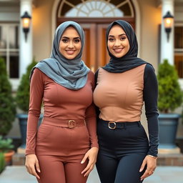 Two stunning women in their mid-thirties wearing hijabs, featuring beautiful and full breasts, size 36