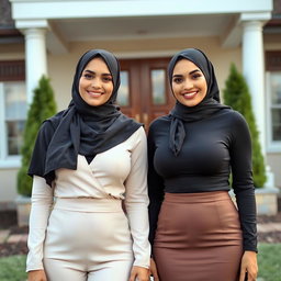 Two stunning women in their mid-thirties wearing hijabs, featuring beautiful and full breasts, size 36