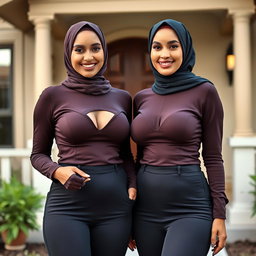 Two stunning women in their mid-thirties wearing hijabs, featuring beautiful and full breasts, size 36