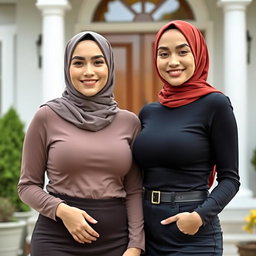 Two stunning women in their mid-thirties wearing hijabs, featuring beautiful and full breasts, size 36