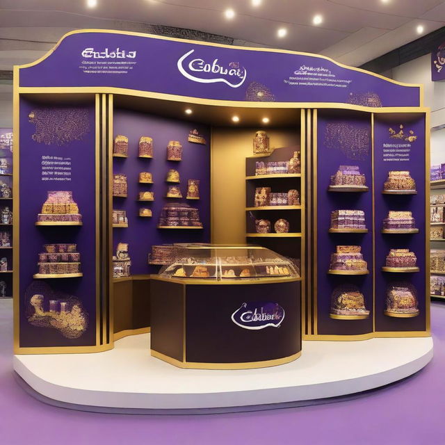 A 240x160x150 cm Cadbury stand fusing smart design with Ramadan allure. It features Islamic-inspired shapes, glass panels, and soft lighting embracing shelves adorned with Ramadan lanterns, signifying a tantalizing blend of innovation and chocolate indulgence.