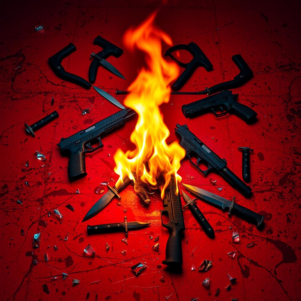A gritty and intense scene featuring a red floor background that is splattered with blood, creating a visceral effect