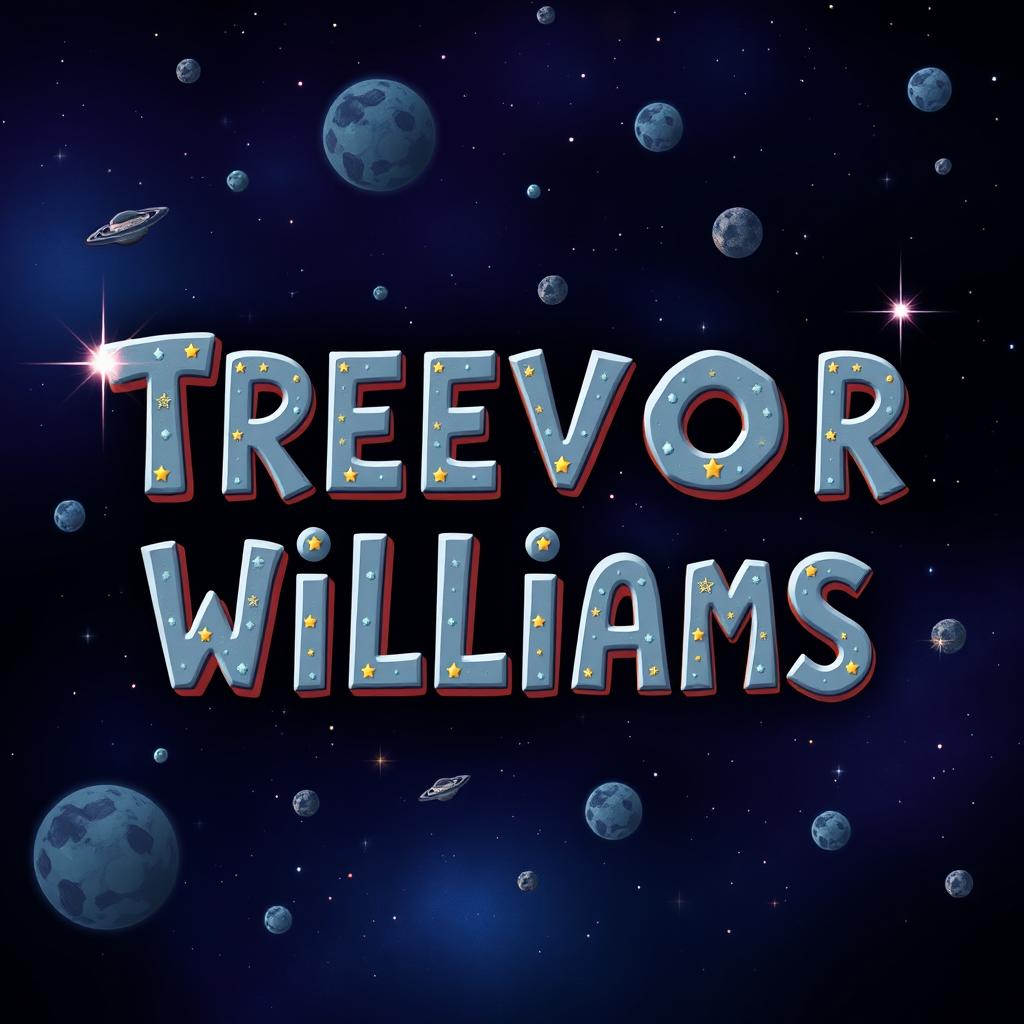 The name 'Trevor Williams' styled in a creative font that incorporates elements of space, with letterforms resembling asteroids and cosmic motifs