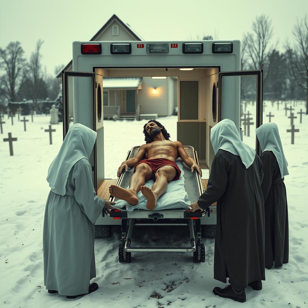 In a surreal winter landscape, modern medics dressed in contemporary medical attire are seen loading a lifeless figure of Jesus, who bears marks reminiscent of a crucifixion, onto an ambulance stretcher