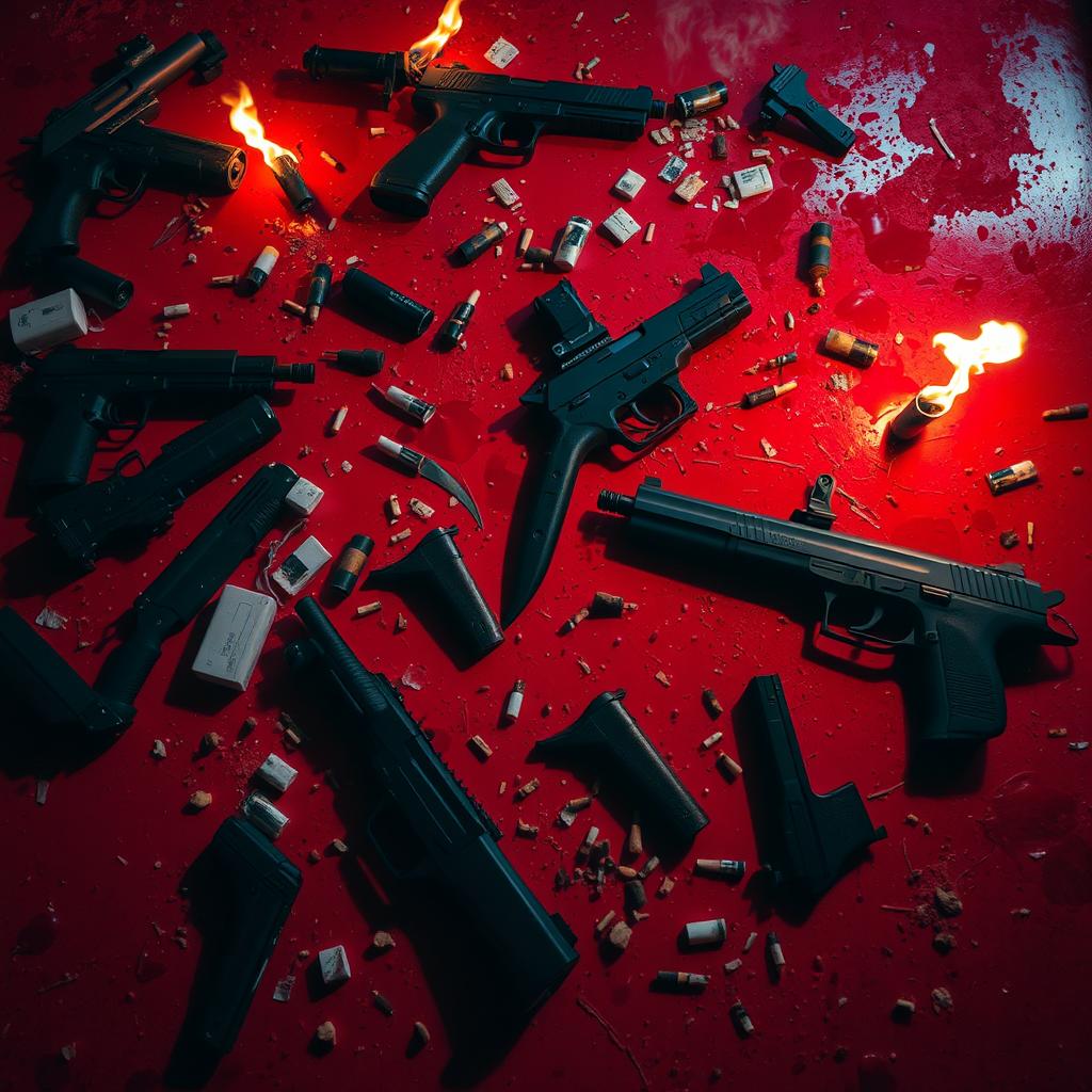 An intense and chaotic scene featuring a red floor background saturated with blood, creating a visceral atmosphere