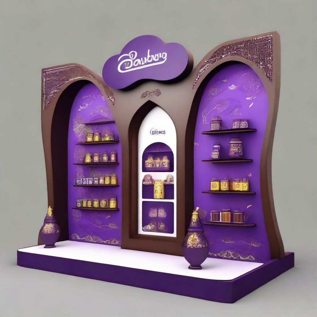 A 240x160x150 cm Cadbury stand fusing smart design with Ramadan allure. It features Islamic-inspired shapes, glass panels, and soft lighting embracing shelves adorned with Ramadan lanterns, signifying a tantalizing blend of innovation and chocolate indulgence.