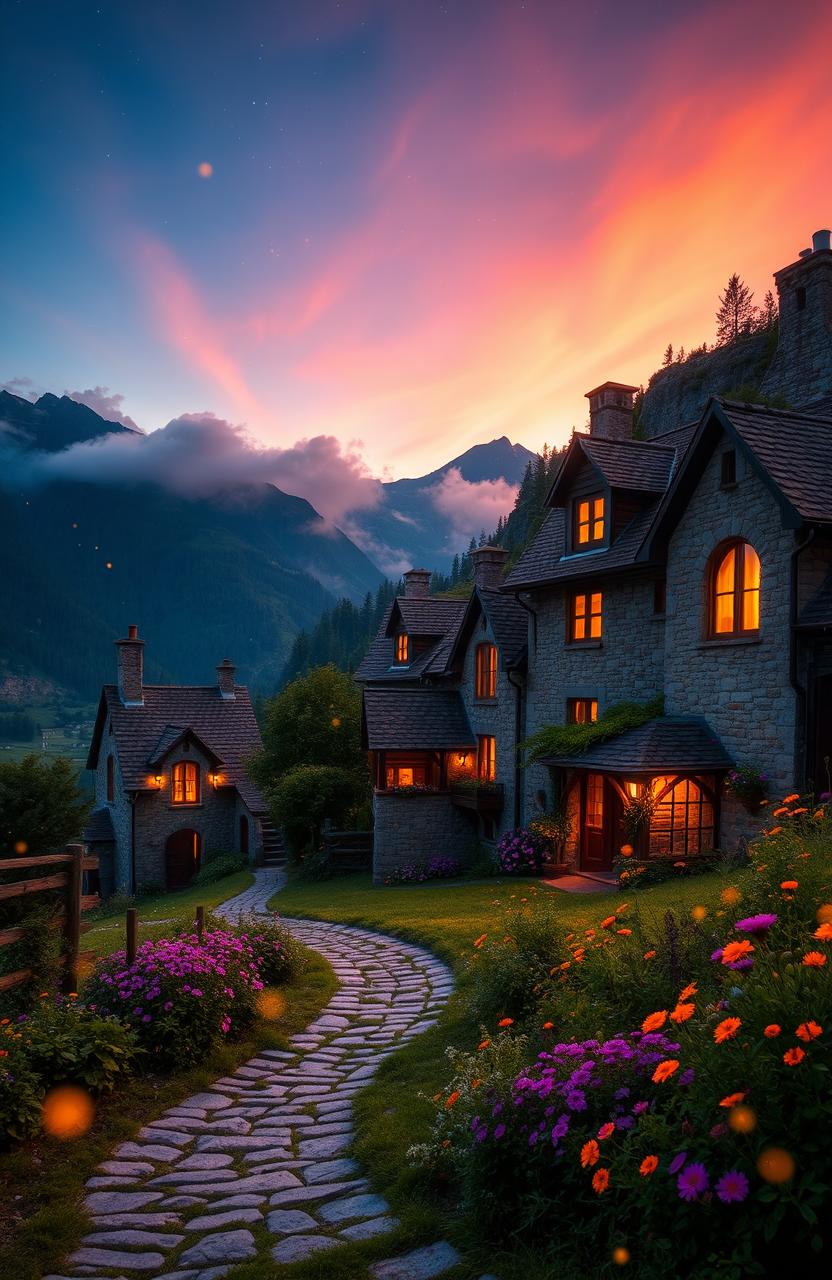 A serene and magical landscape of a mountainside village during twilight, showcasing quaint stone cottages with warm, inviting lights glowing from their windows