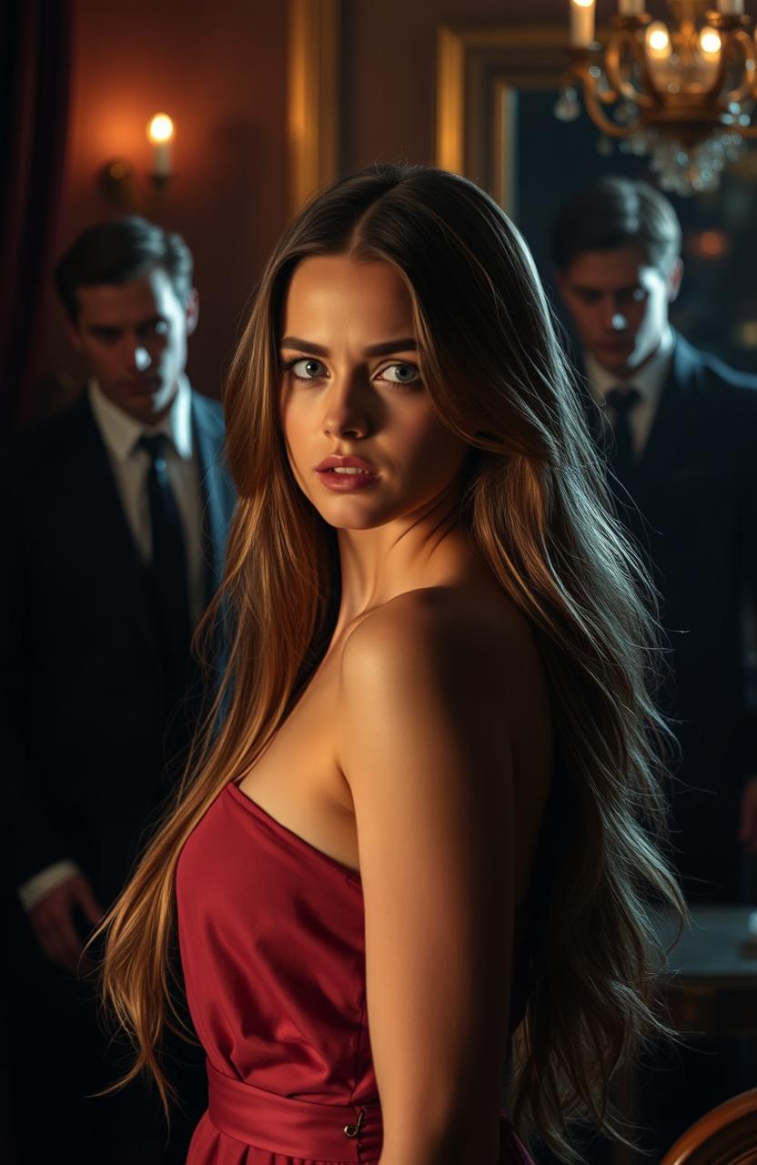 Ailyn, a beautiful young woman with long flowing hair, is portrayed in an intense moment of contemplation as she stands in an elegantly decorated room filled with shadows and dramatic lighting