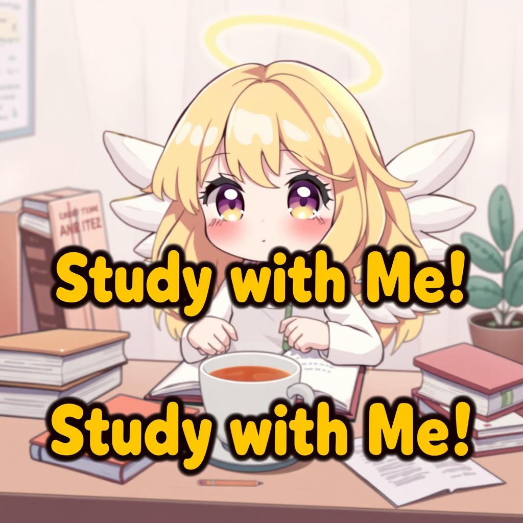 A YouTube thumbnail featuring a cute anime-style angel studying at a desk