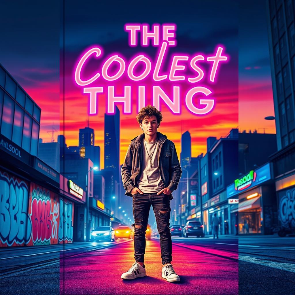 An eye-catching and modern book cover for 'The Coolest Thing', featuring a vibrant urban landscape at sunset