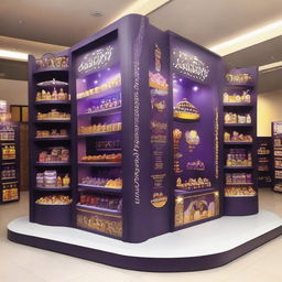 A 240x160x150 cm Cadbury stand fusing smart design with Ramadan allure. It features Islamic-inspired shapes, glass panels, and soft lighting embracing shelves adorned with Ramadan lanterns, signifying a tantalizing blend of innovation and chocolate indulgence.